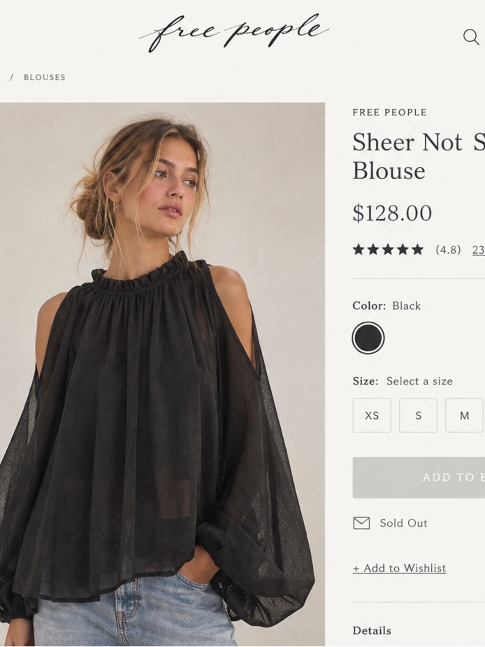 Free People Black Sheer Cold-Shoulder Blouse